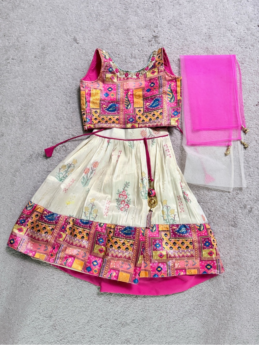 Girls Pink & Cream Ethnic Lehenga Choli Set with Dupatta